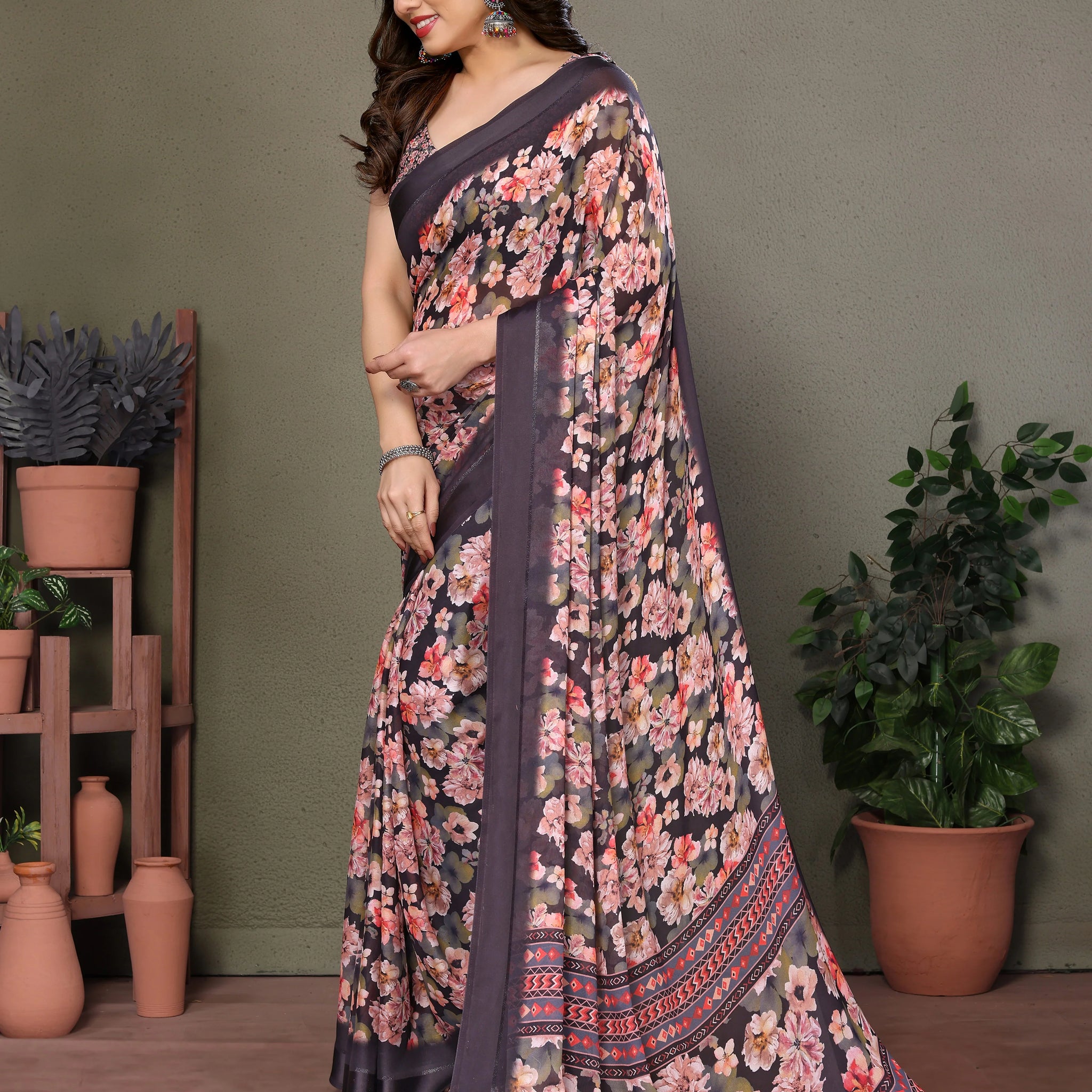 SHYAMIKA Royal Satin Patta Digital Print Saree with Blouse