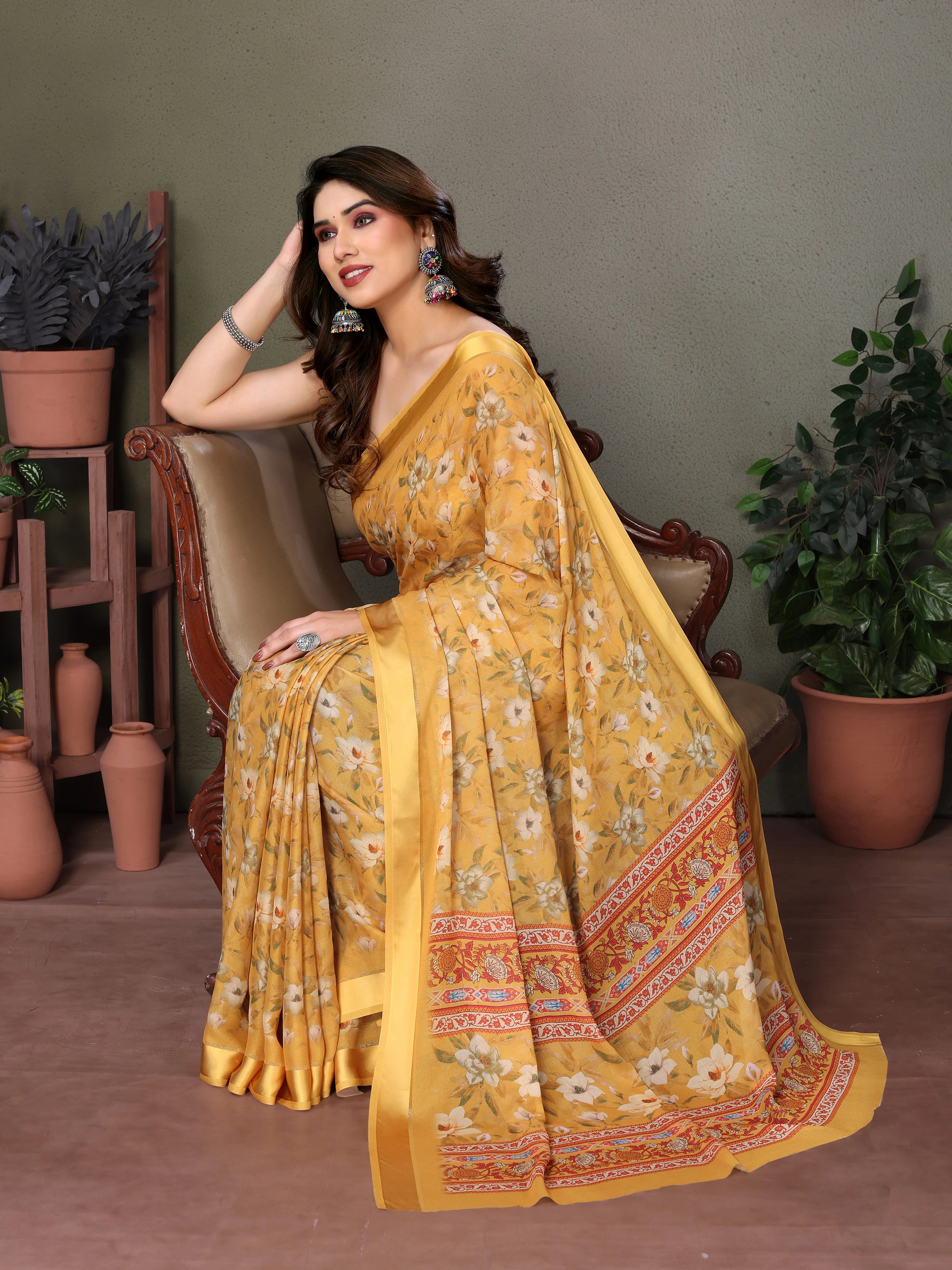 SHYAMIKA Royal Satin Patta Digital Print Saree with Blouse