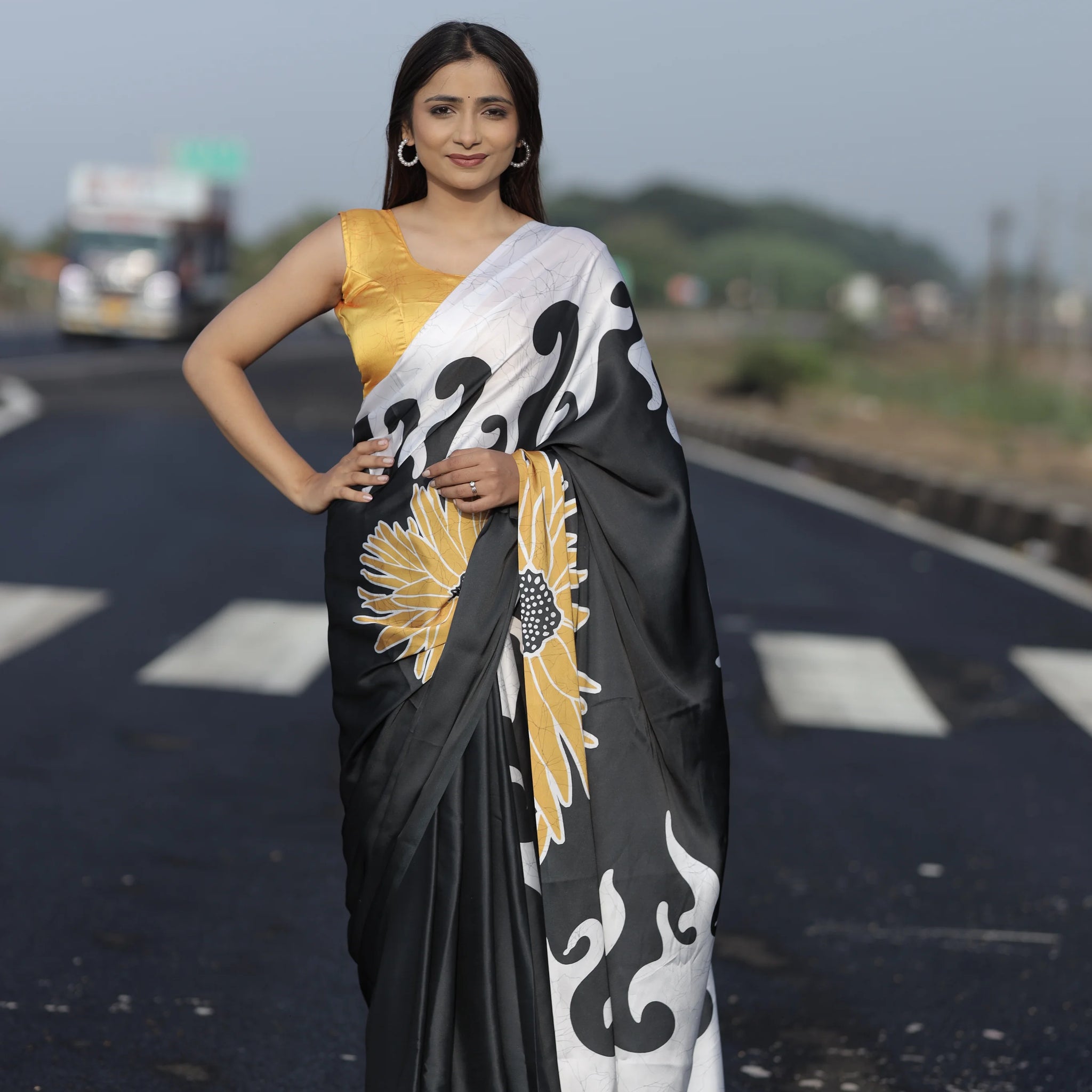 SHYAMIKA Japan Satin Digital Floral Print Saree with Blouse