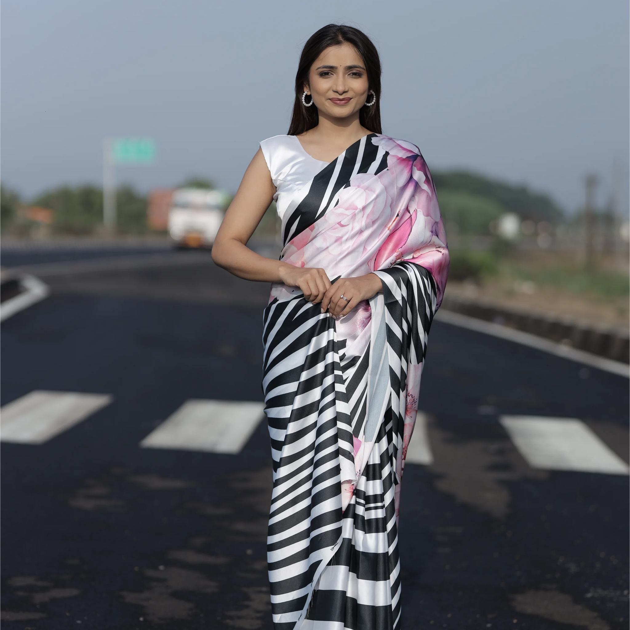 SHYAMIKA Japan Satin Digital Zebra & Floral Print Saree with Blouse