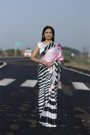 SHYAMIKA Japan Satin Digital Zebra & Floral Print Saree with Blouse