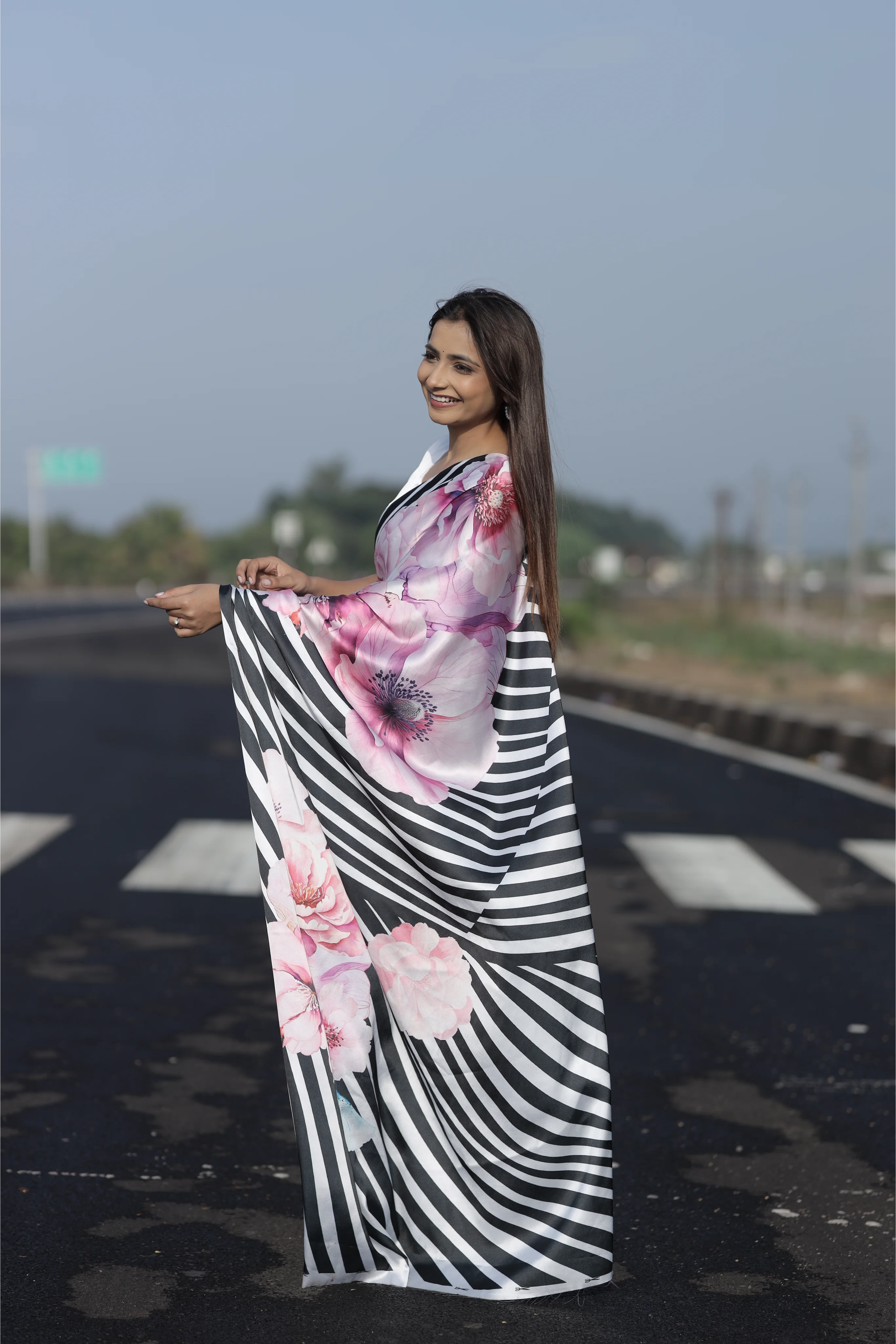 SHYAMIKA Japan Satin Digital Zebra & Floral Print Saree with Blouse