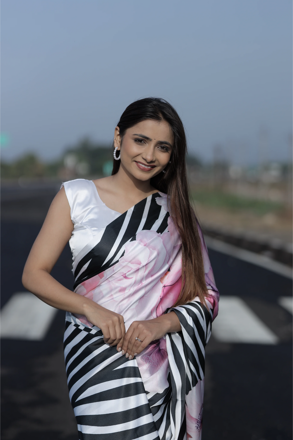 SHYAMIKA Japan Satin Digital Zebra & Floral Print Saree with Blouse