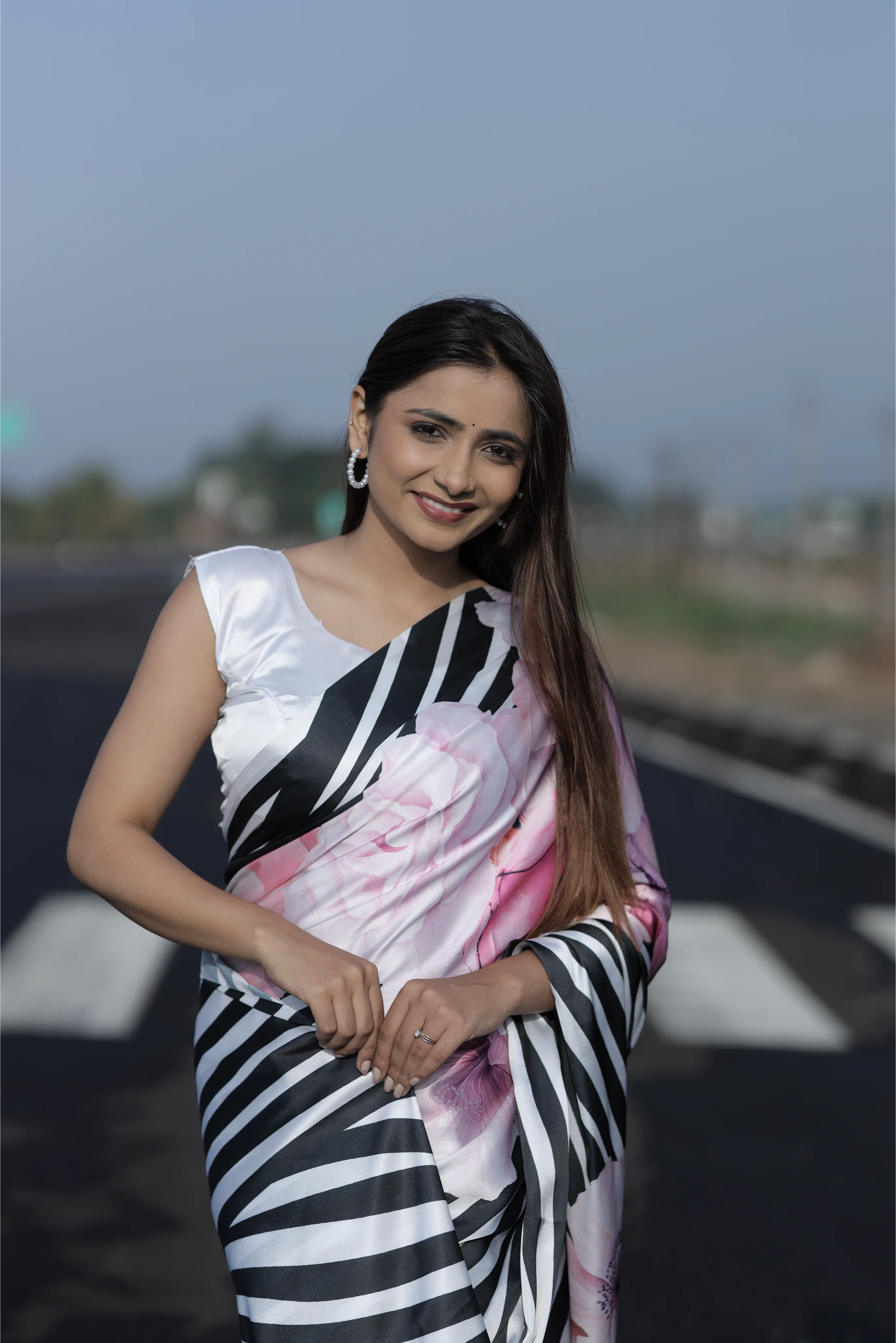 SHYAMIKA Japan Satin Digital Zebra & Floral Print Saree with Blouse