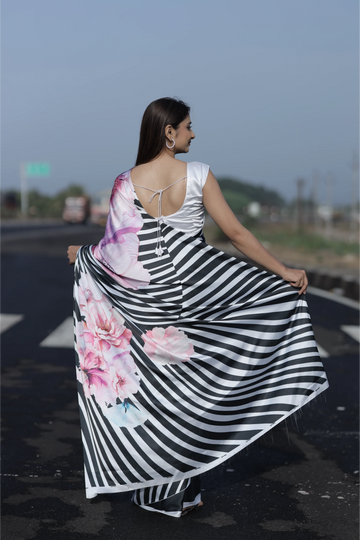 SHYAMIKA Japan Satin Digital Zebra & Floral Print Saree with Blouse