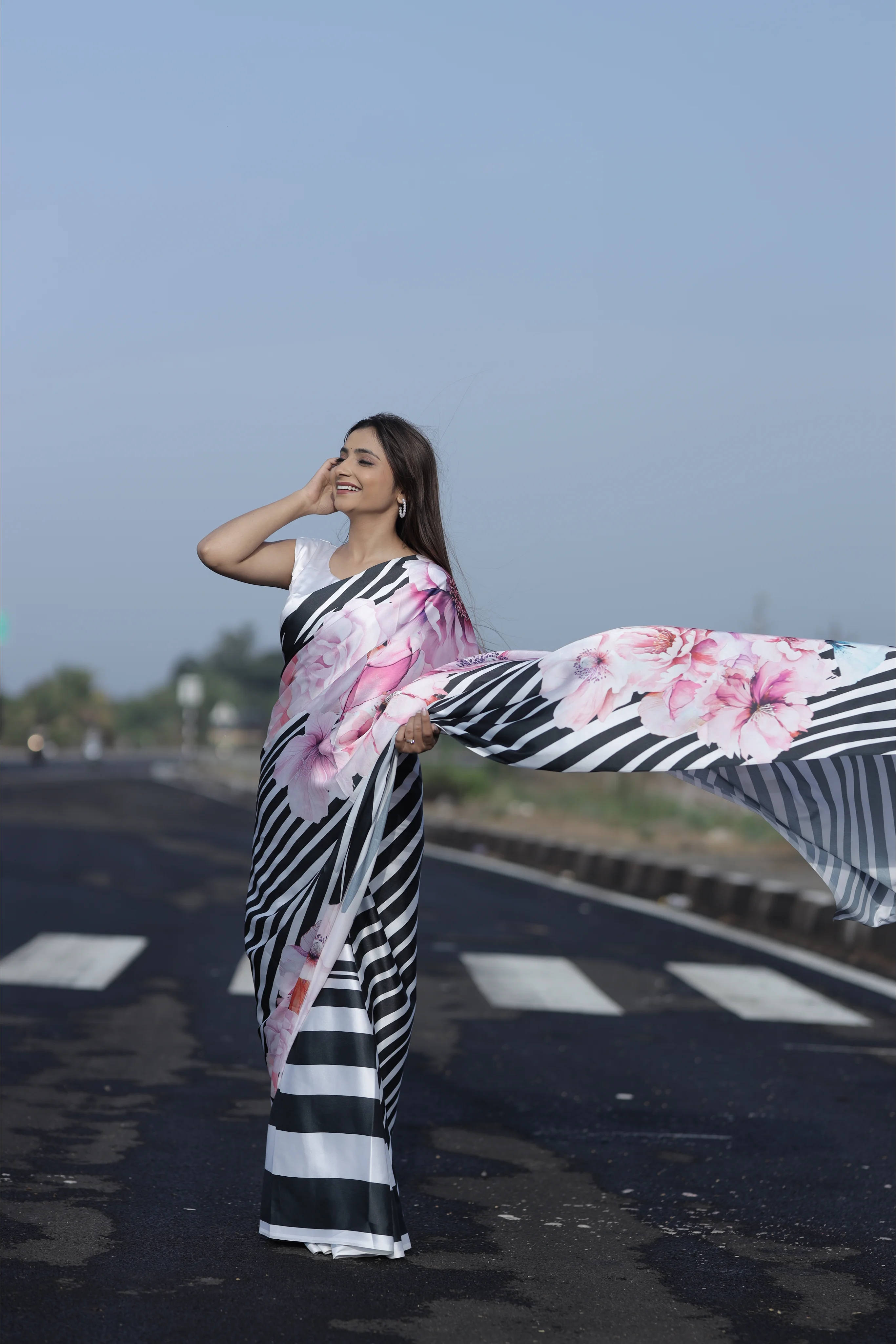 SHYAMIKA Japan Satin Digital Zebra & Floral Print Saree with Blouse