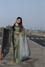 SHYAMIKA Japan Satin Plain Saree with Floral Digital Print Pallu & Blouse