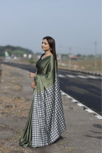 SHYAMIKA Japan Satin Plain Saree with Floral Digital Print Pallu & Blouse