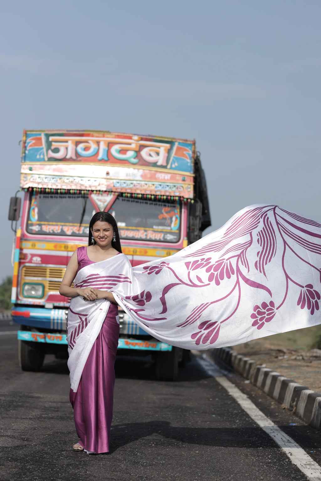 SHYAMIKA Japan Satin Pink Floral Digital Print Saree with Blouse
