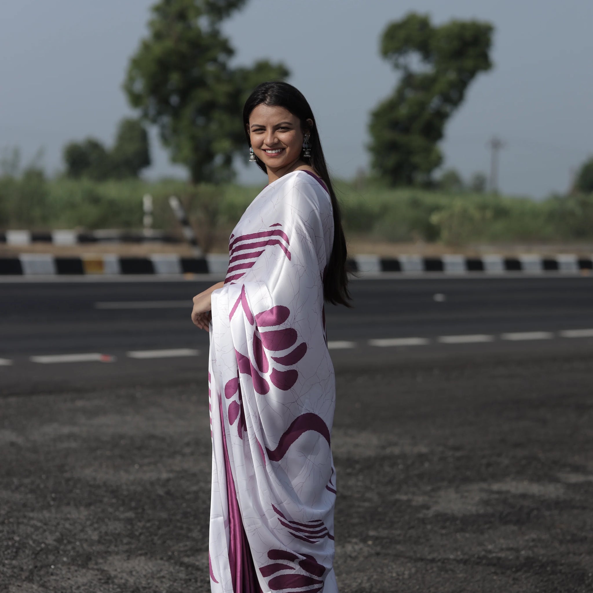 SHYAMIKA Japan Satin Pink Floral Digital Print Saree with Blouse