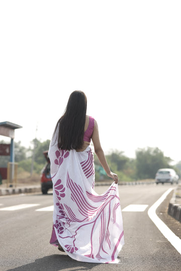 SHYAMIKA Japan Satin Pink Floral Digital Print Saree with Blouse