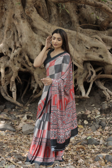 SHYAMIKA Japan Satin Bold Line & Ethnic Digital Print Saree with Blouse