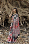 SHYAMIKA Japan Satin Bold Line & Ethnic Digital Print Saree with Blouse