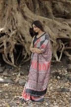 SHYAMIKA Japan Satin Bold Line & Ethnic Digital Print Saree with Blouse