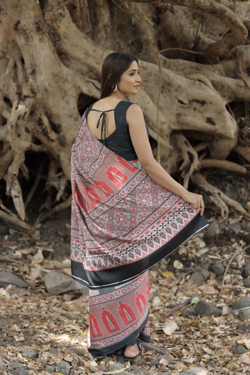 SHYAMIKA Japan Satin Bold Line & Ethnic Digital Print Saree with Blouse