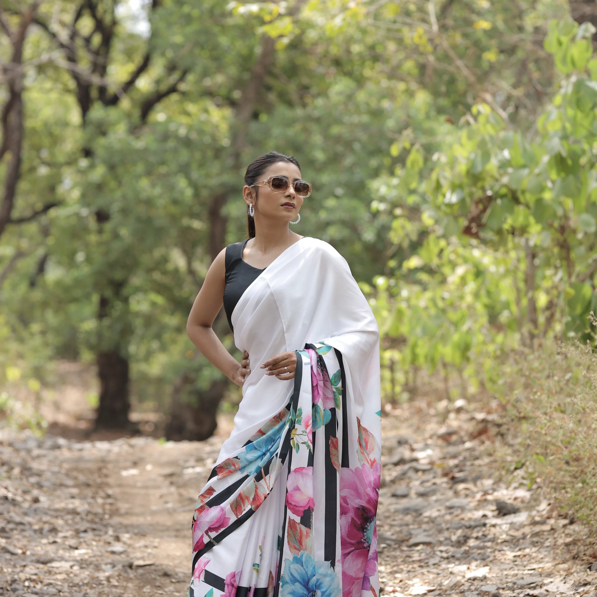 SHYAMIKA Japan Satin Floral Stripe Digital Print Saree with Blouse