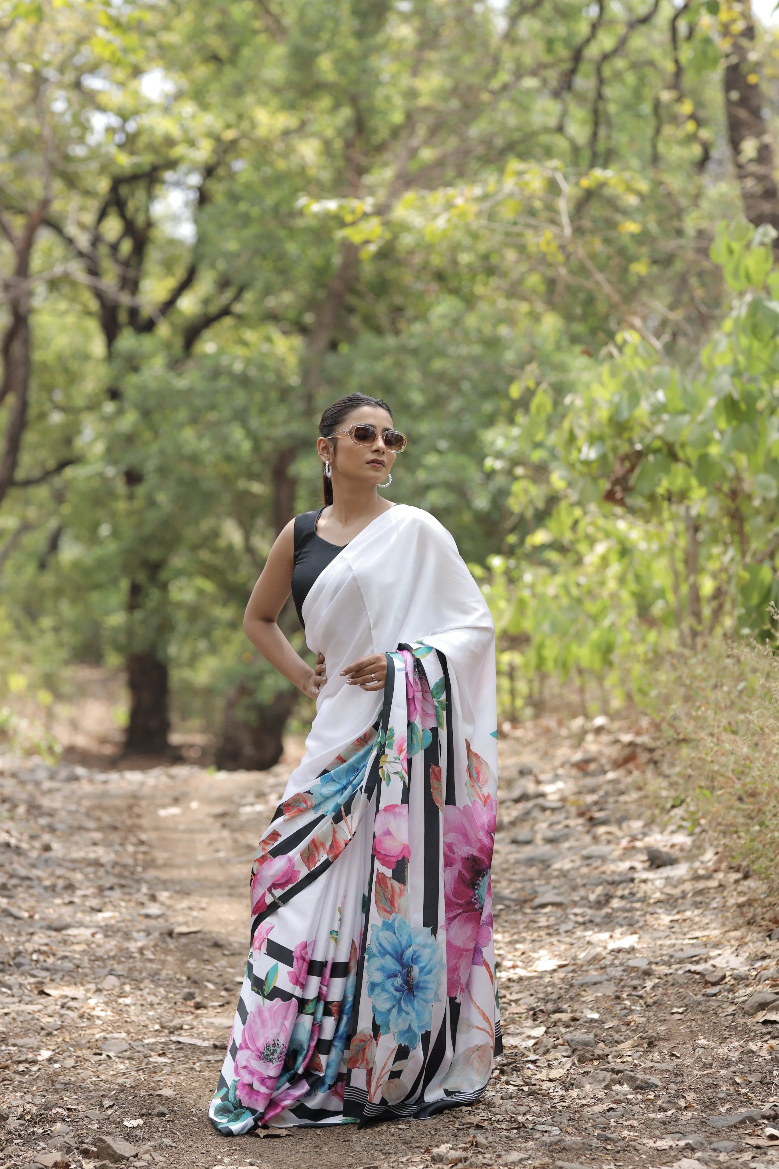 SHYAMIKA Japan Satin Floral Stripe Digital Print Saree with Blouse