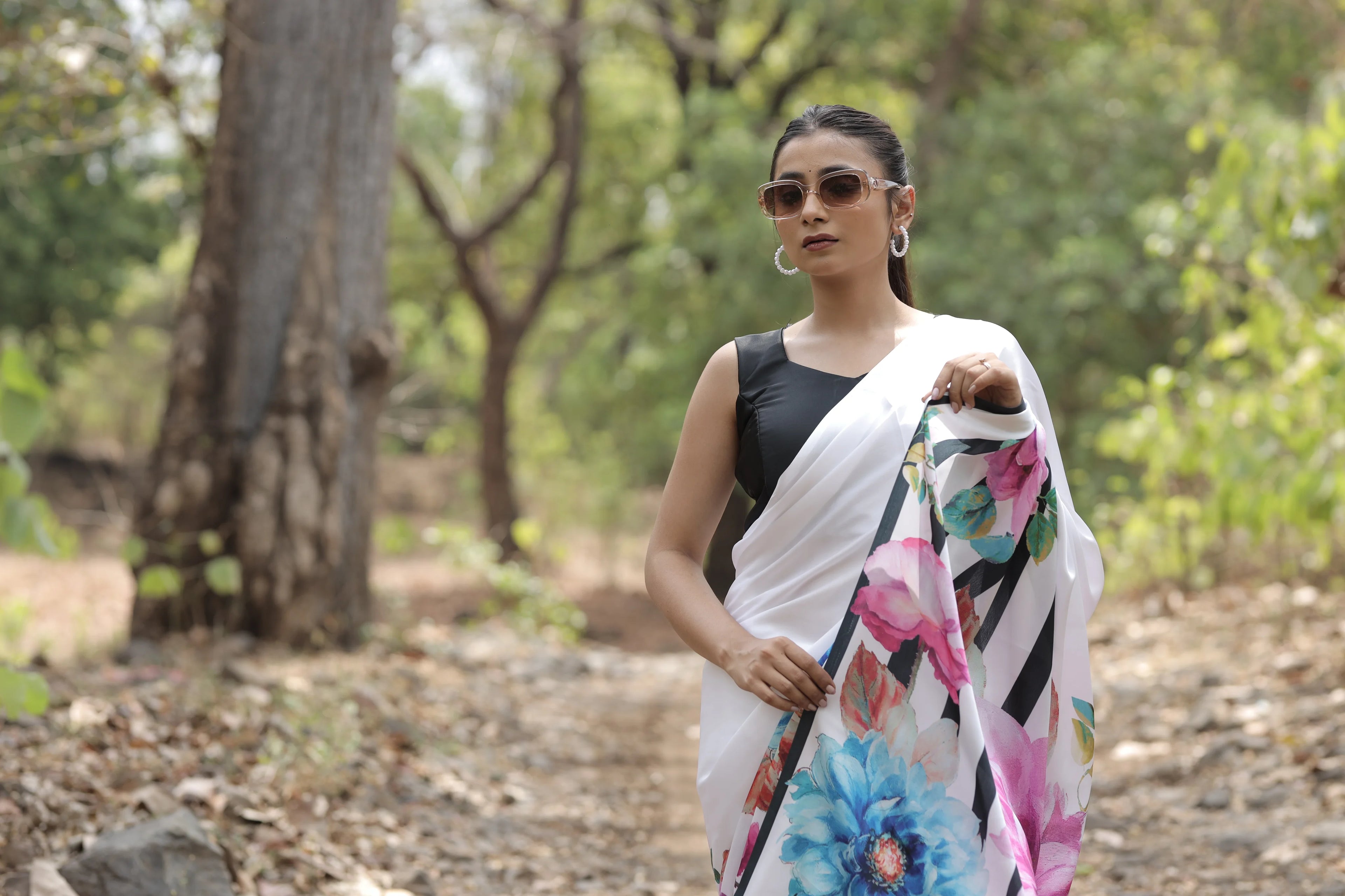 SHYAMIKA Japan Satin Floral Stripe Digital Print Saree with Blouse