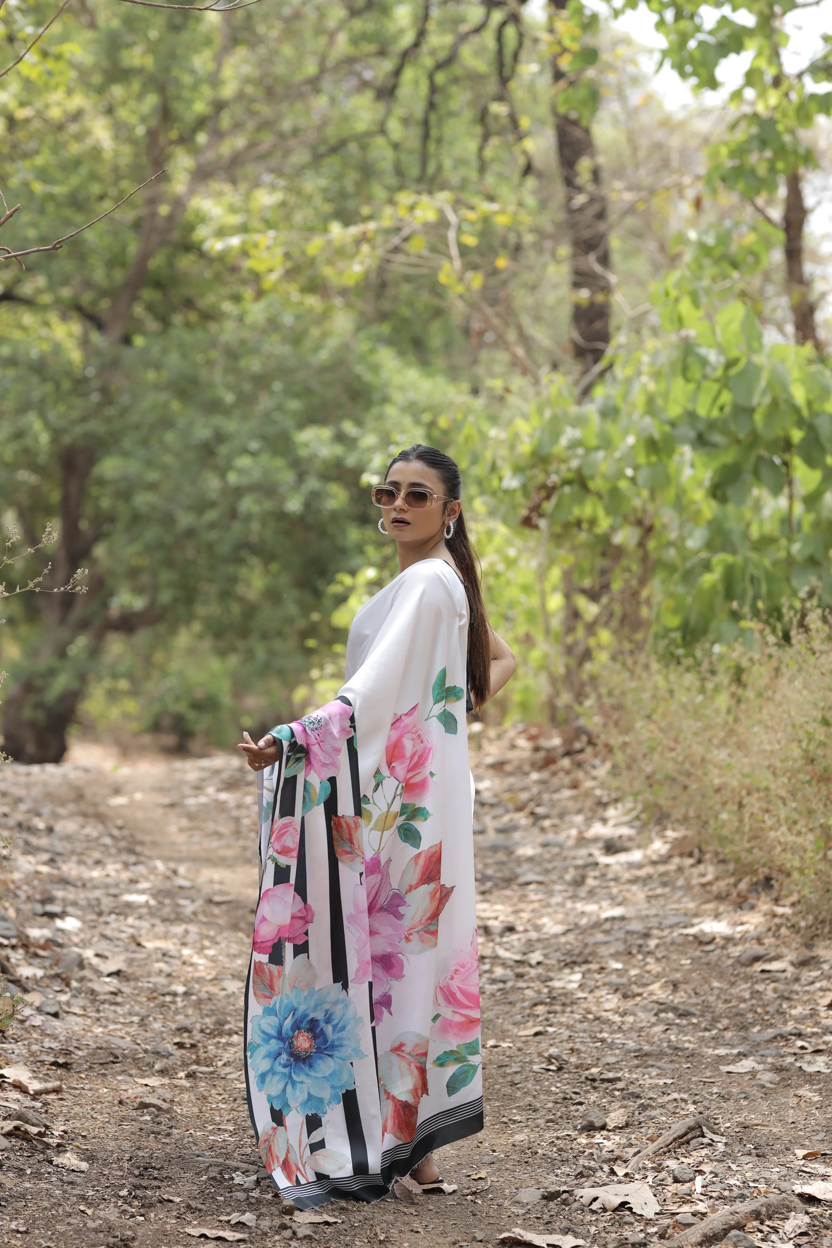 SHYAMIKA Japan Satin Floral Stripe Digital Print Saree with Blouse