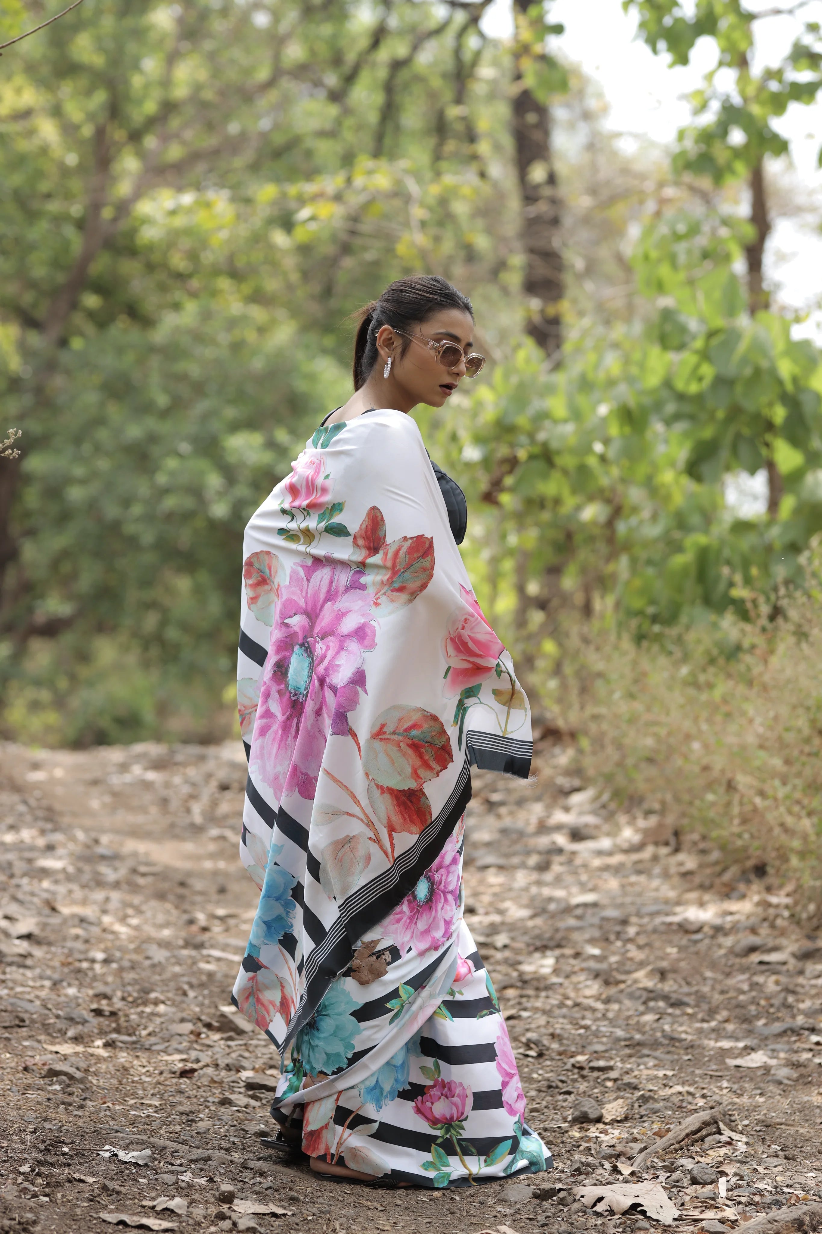 SHYAMIKA Japan Satin Floral Stripe Digital Print Saree with Blouse