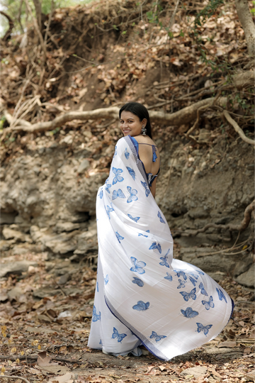 SHYAMIKA Japan Satin Butterfly Digital Print Saree with Blouse