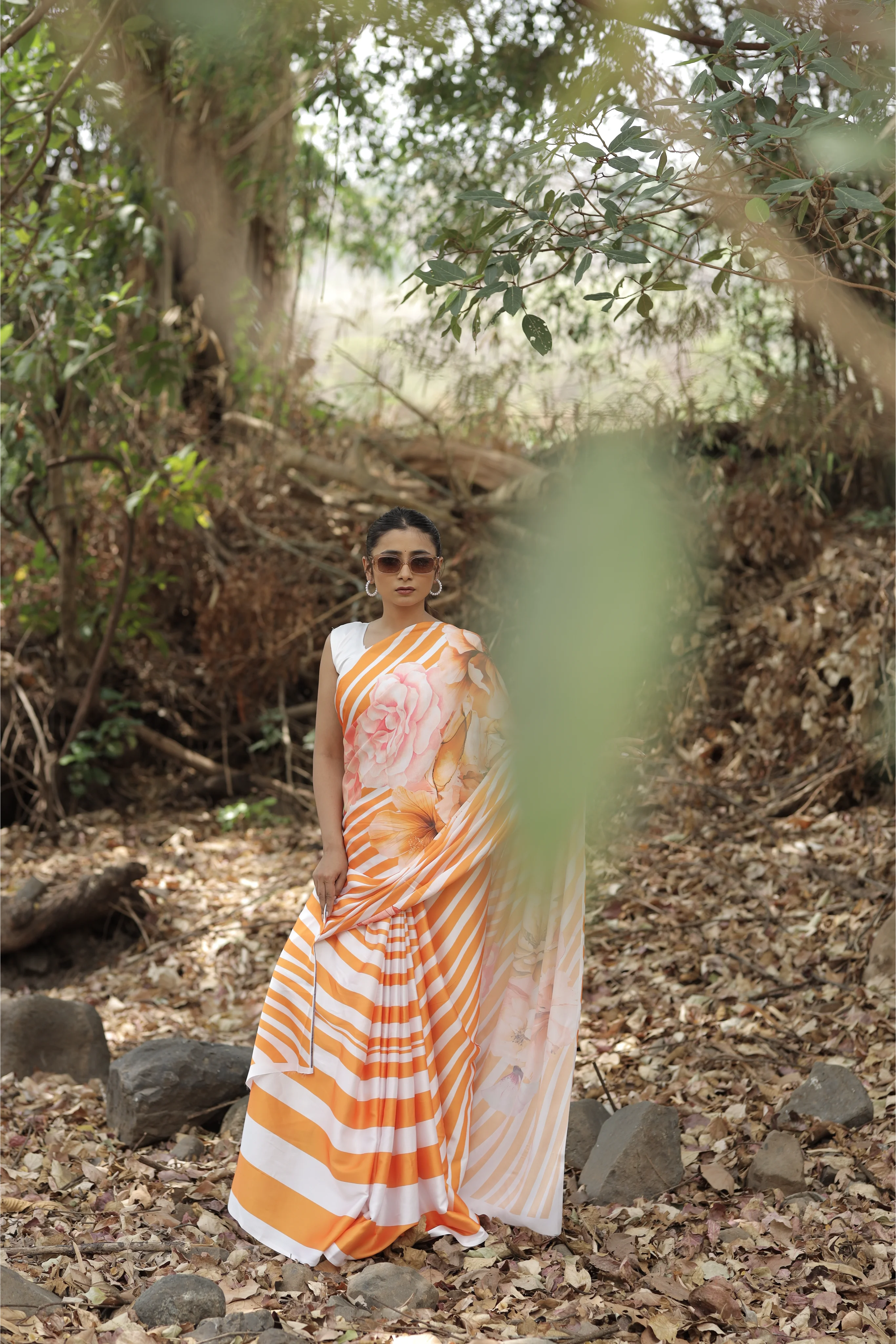 SHYAMIKA Japan Satin Orange Striped Floral Digital Print Saree with Blouse