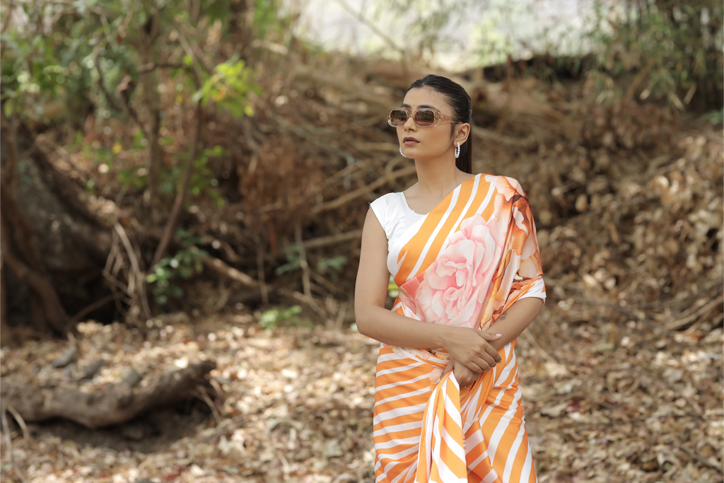 SHYAMIKA Japan Satin Orange Striped Floral Digital Print Saree with Blouse
