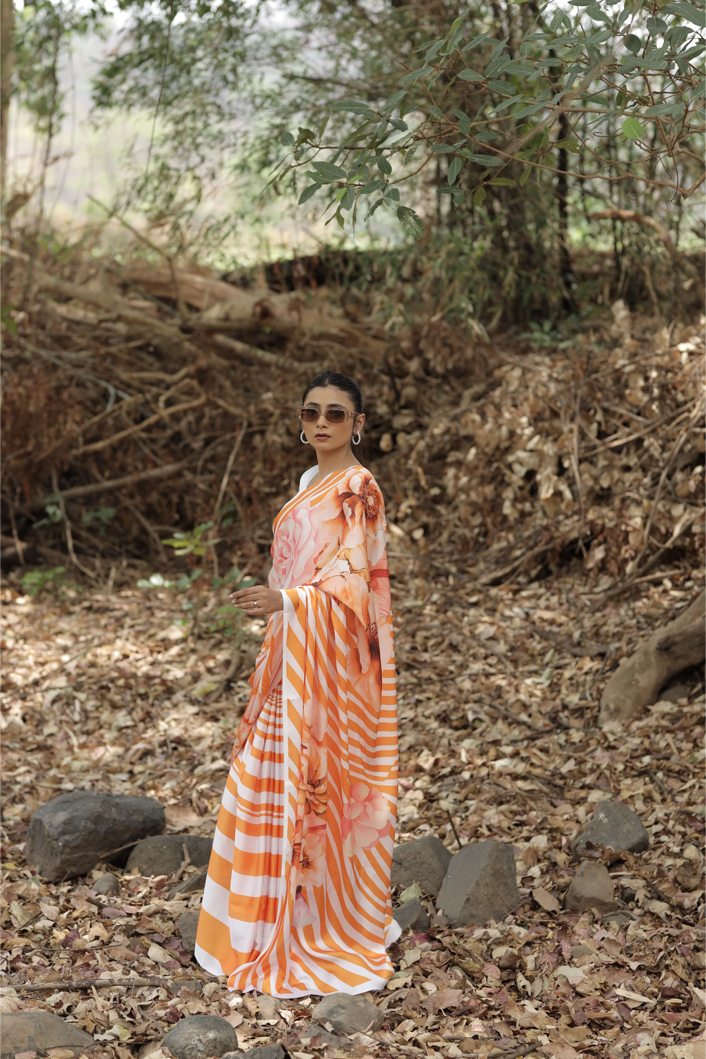 SHYAMIKA Japan Satin Orange Striped Floral Digital Print Saree with Blouse