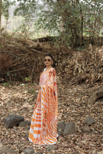 SHYAMIKA Japan Satin Orange Striped Floral Digital Print Saree with Blouse