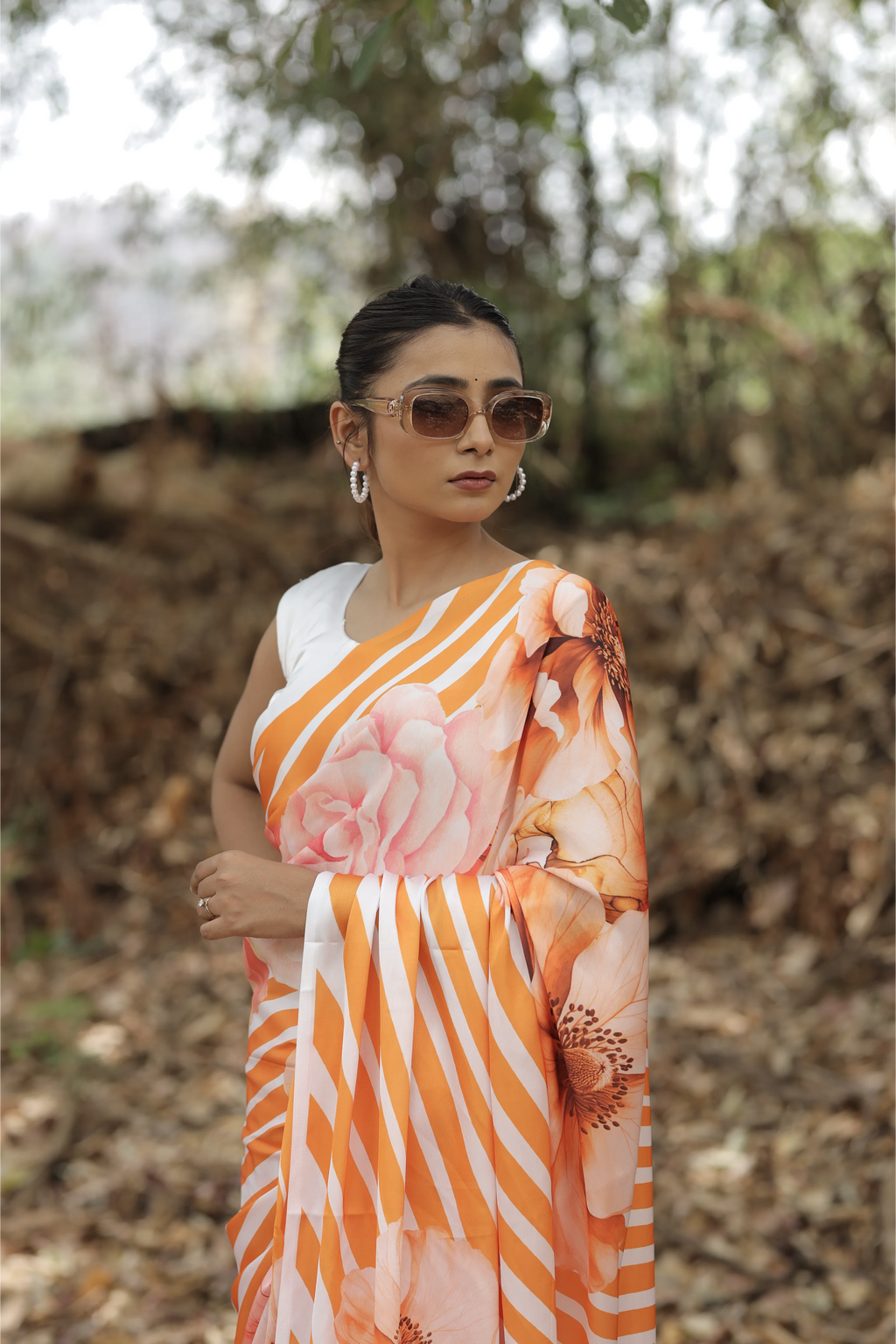 SHYAMIKA Japan Satin Orange Striped Floral Digital Print Saree with Blouse