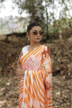 SHYAMIKA Japan Satin Orange Striped Floral Digital Print Saree with Blouse