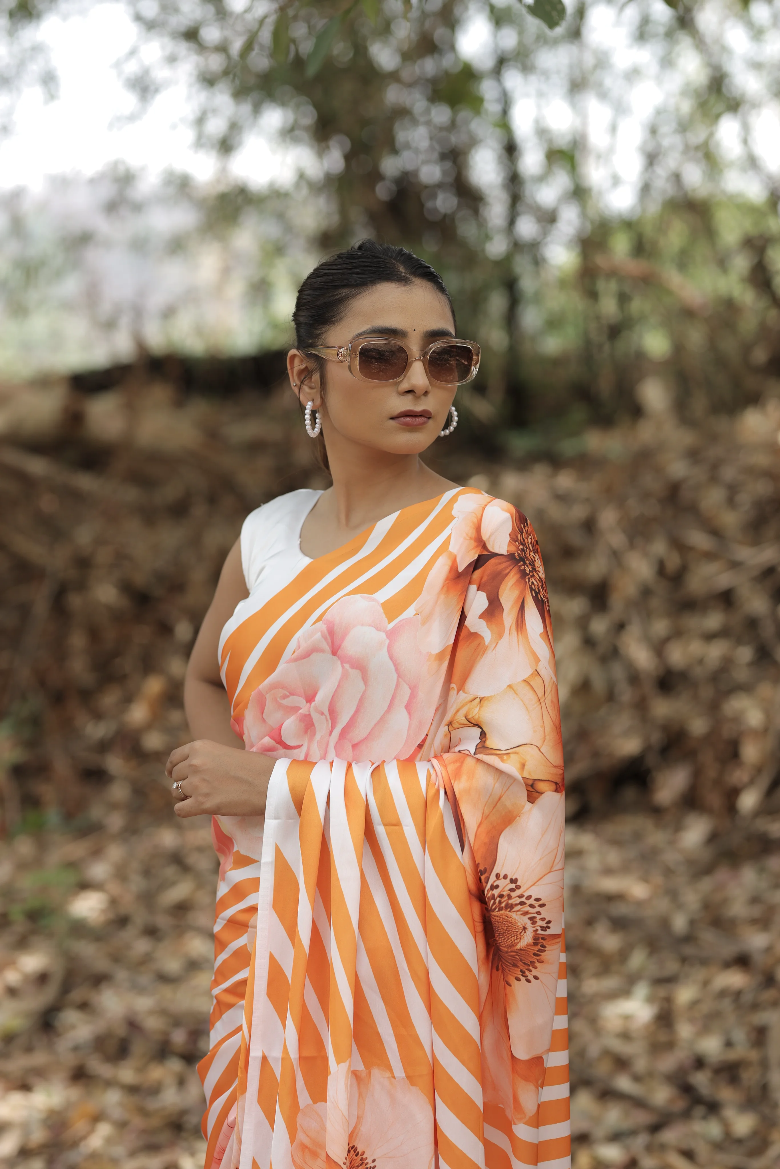 SHYAMIKA Japan Satin Orange Striped Floral Digital Print Saree with Blouse