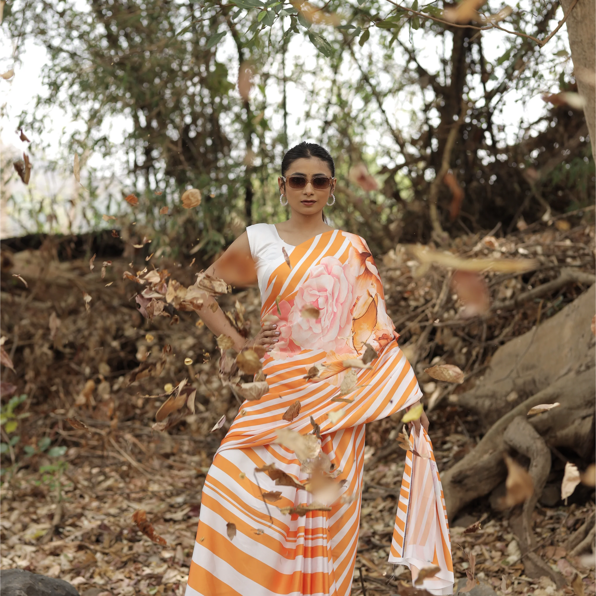 SHYAMIKA Japan Satin Orange Striped Floral Digital Print Saree with Blouse