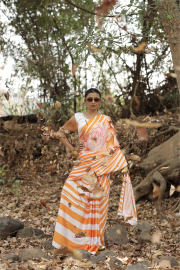 SHYAMIKA Japan Satin Orange Striped Floral Digital Print Saree with Blouse