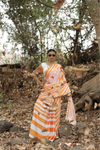 SHYAMIKA Japan Satin Orange Striped Floral Digital Print Saree with Blouse