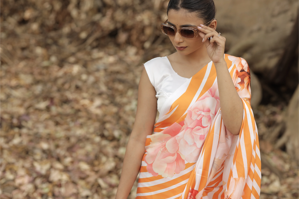 SHYAMIKA Japan Satin Orange Striped Floral Digital Print Saree with Blouse