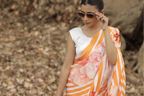 SHYAMIKA Japan Satin Orange Striped Floral Digital Print Saree with Blouse