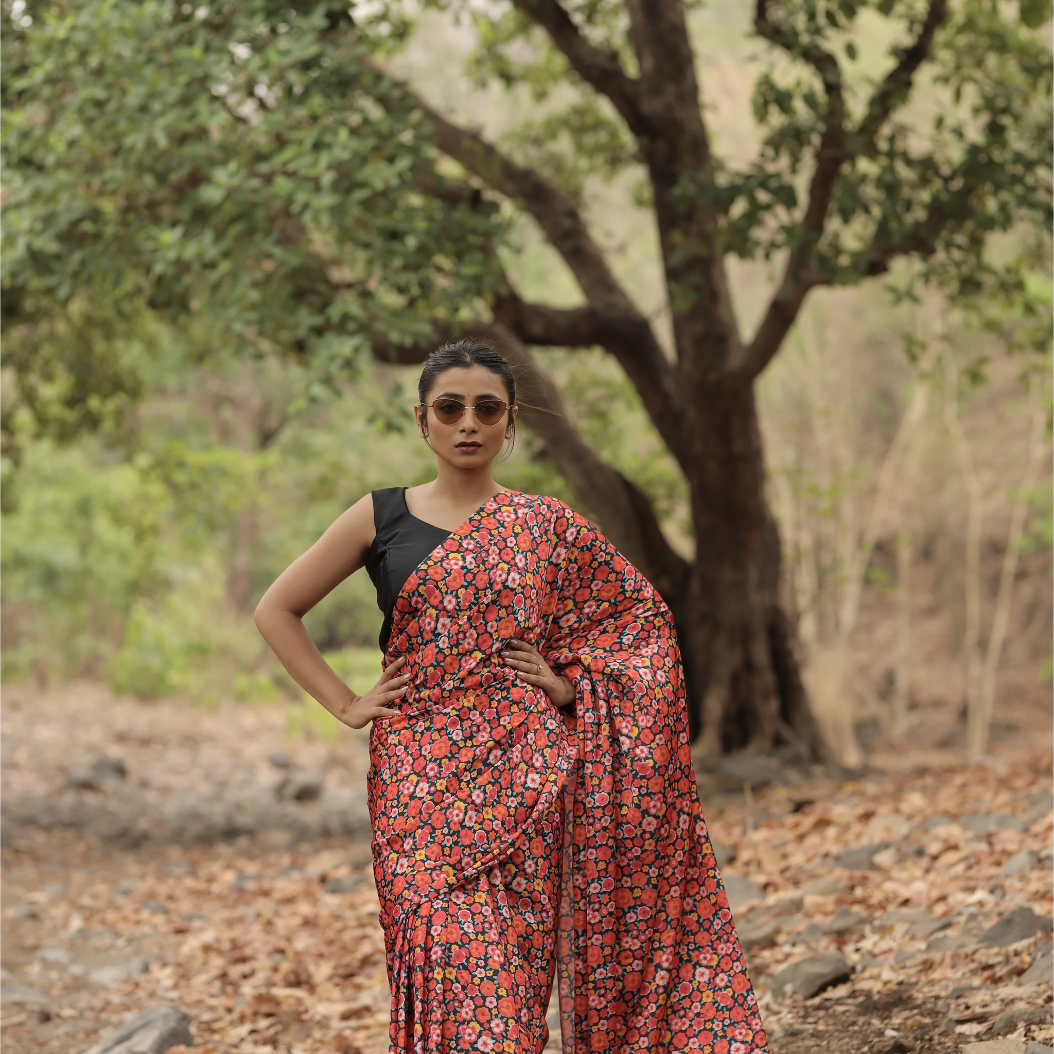 SHYAMIKA Japan Satin All-over Floral Digital Print Saree with Blouse