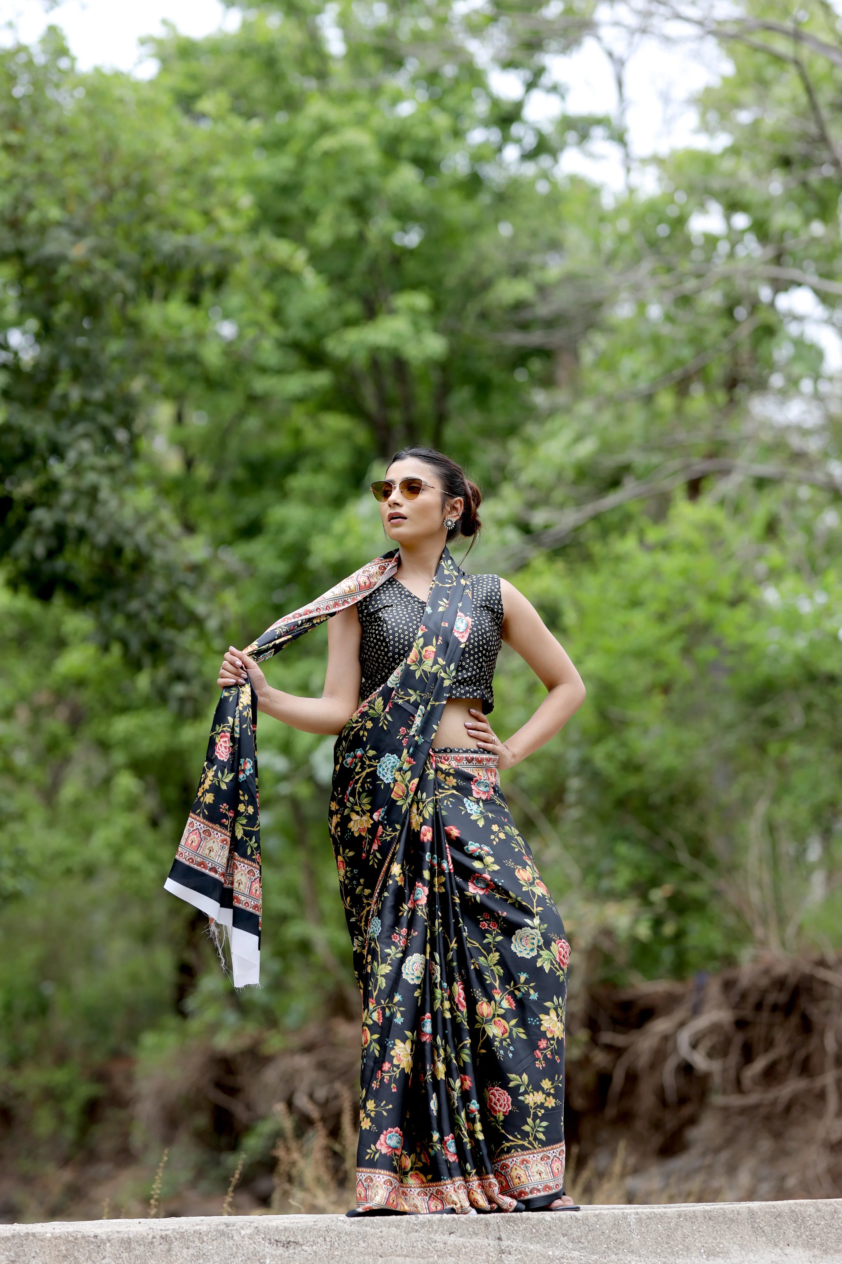 SHYAMIKA Japan Satin Black Floral Digital Print Saree with Blouse