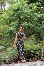SHYAMIKA Japan Satin Black Floral Digital Print Saree with Blouse