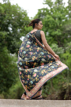 SHYAMIKA Japan Satin Black Floral Digital Print Saree with Blouse