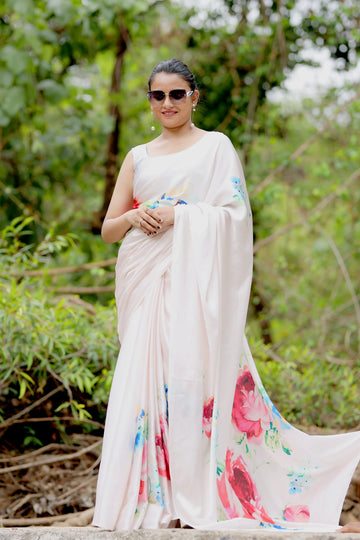 SHYAMIKA Japan Satin Digital Pink Flower Print Saree with Blouse