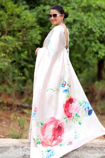 SHYAMIKA Japan Satin Digital Pink Flower Print Saree with Blouse