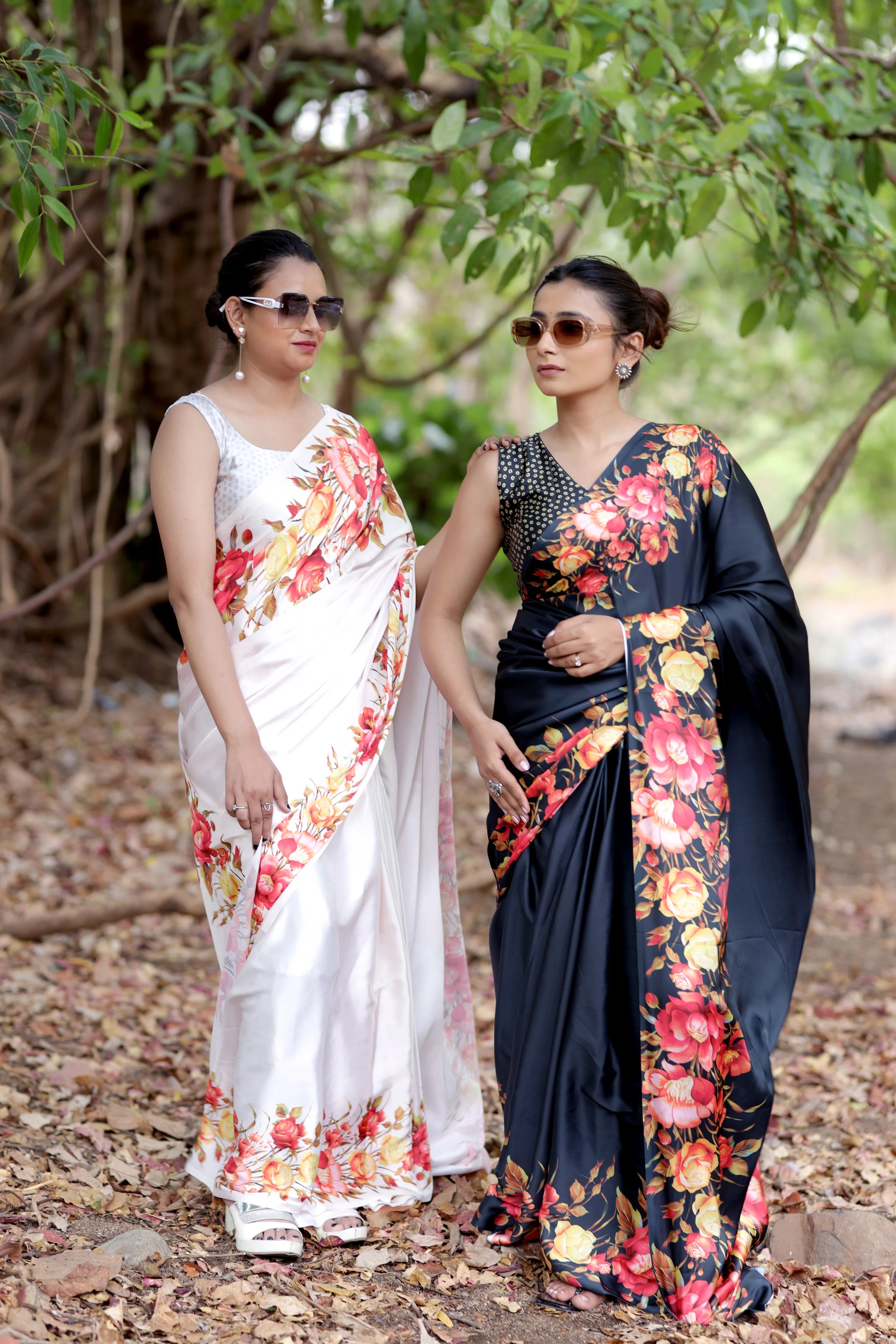 SHYAMIKA Japan Satin Rose Floral Print Saree with Blouse