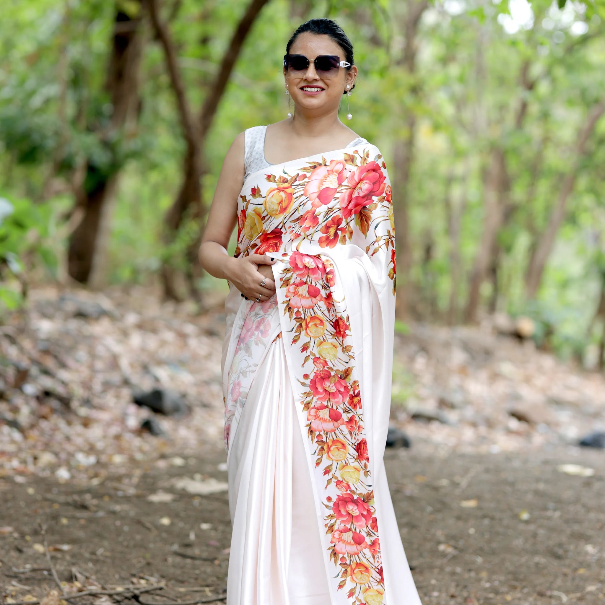 SHYAMIKA Japan Satin Rose Floral Print Saree with Blouse