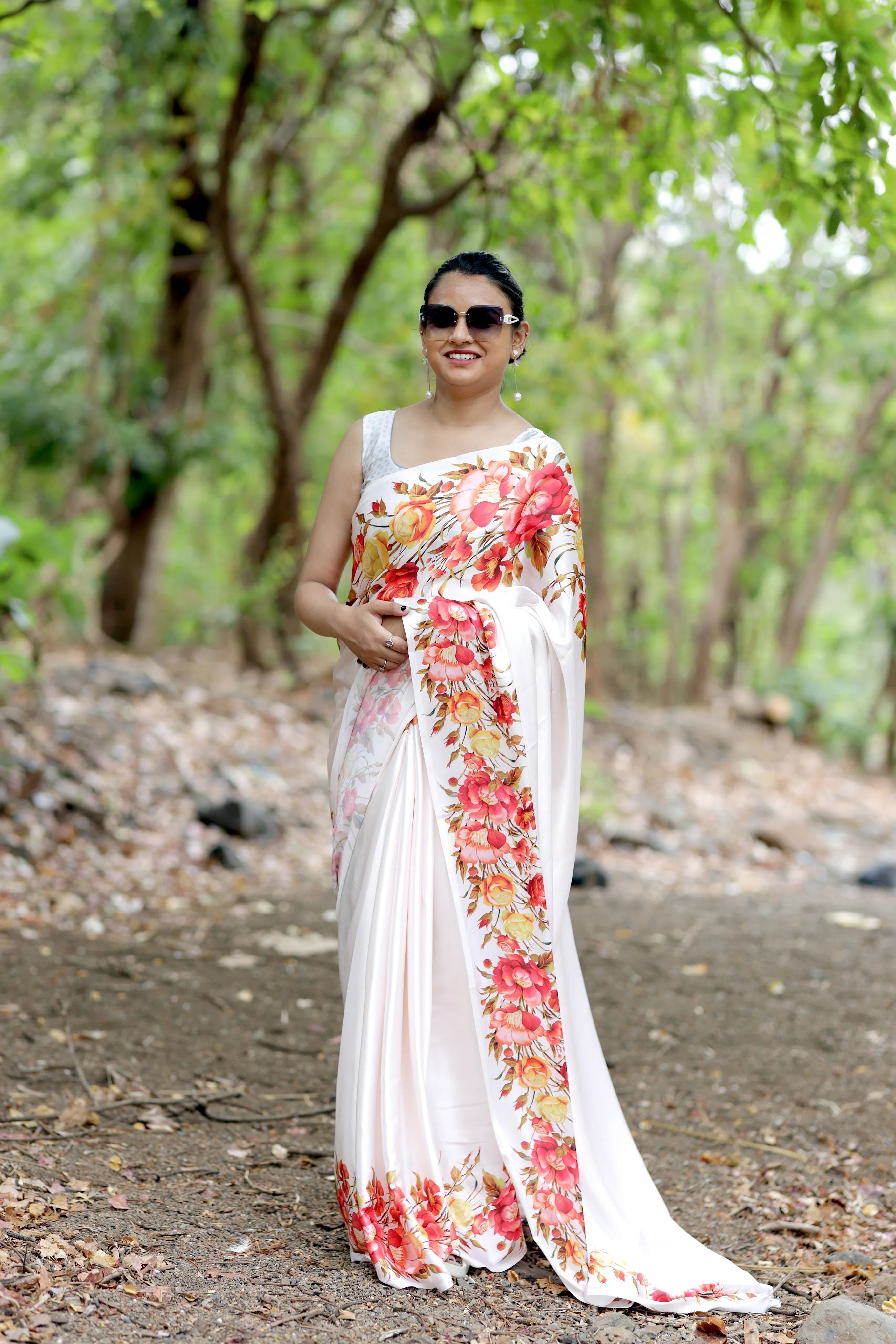 SHYAMIKA Japan Satin Rose Floral Print Saree with Blouse