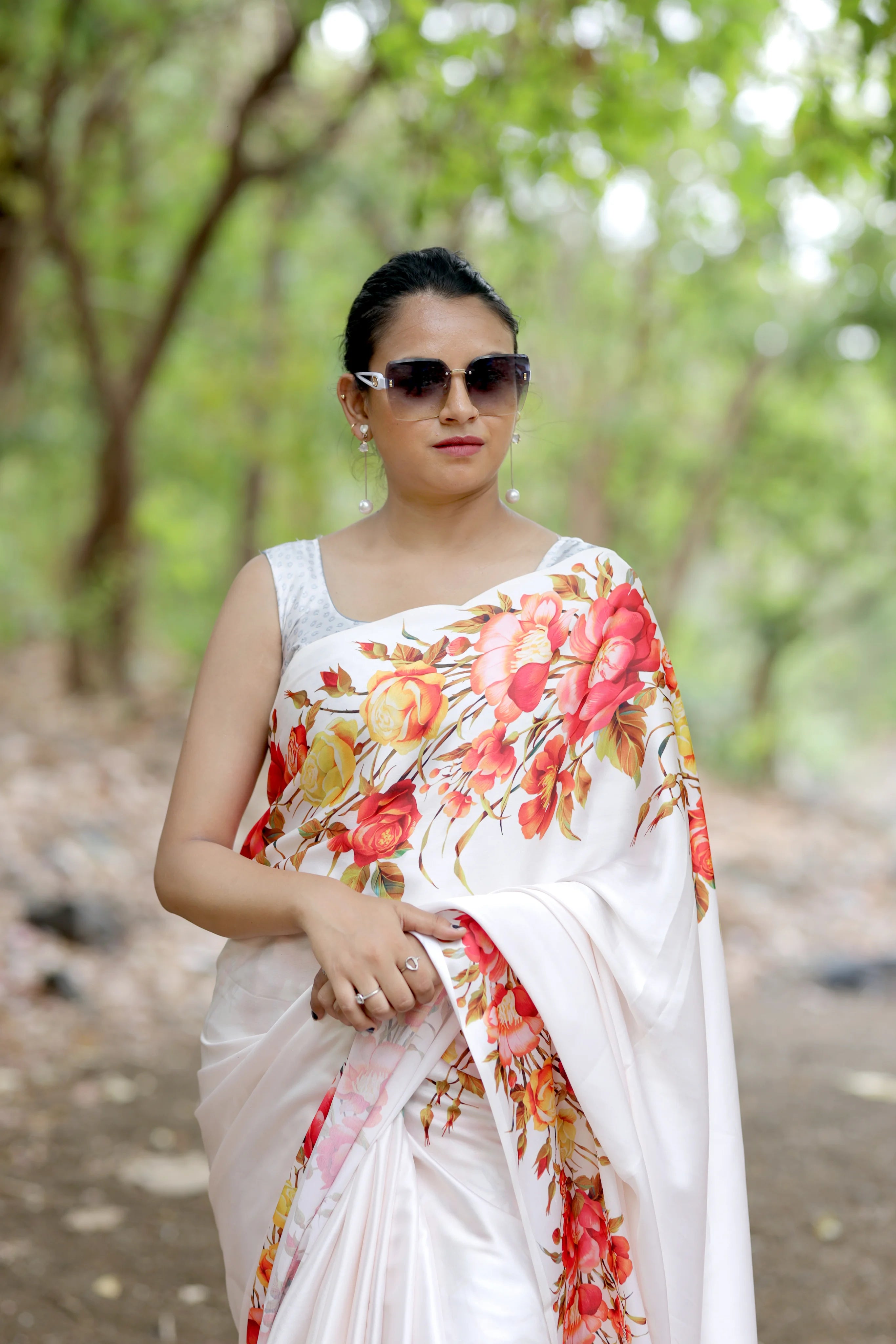 SHYAMIKA Japan Satin Rose Floral Print Saree with Blouse