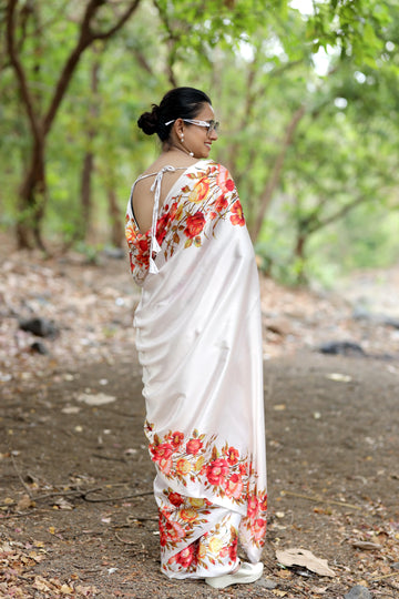 SHYAMIKA Japan Satin Rose Floral Print Saree with Blouse