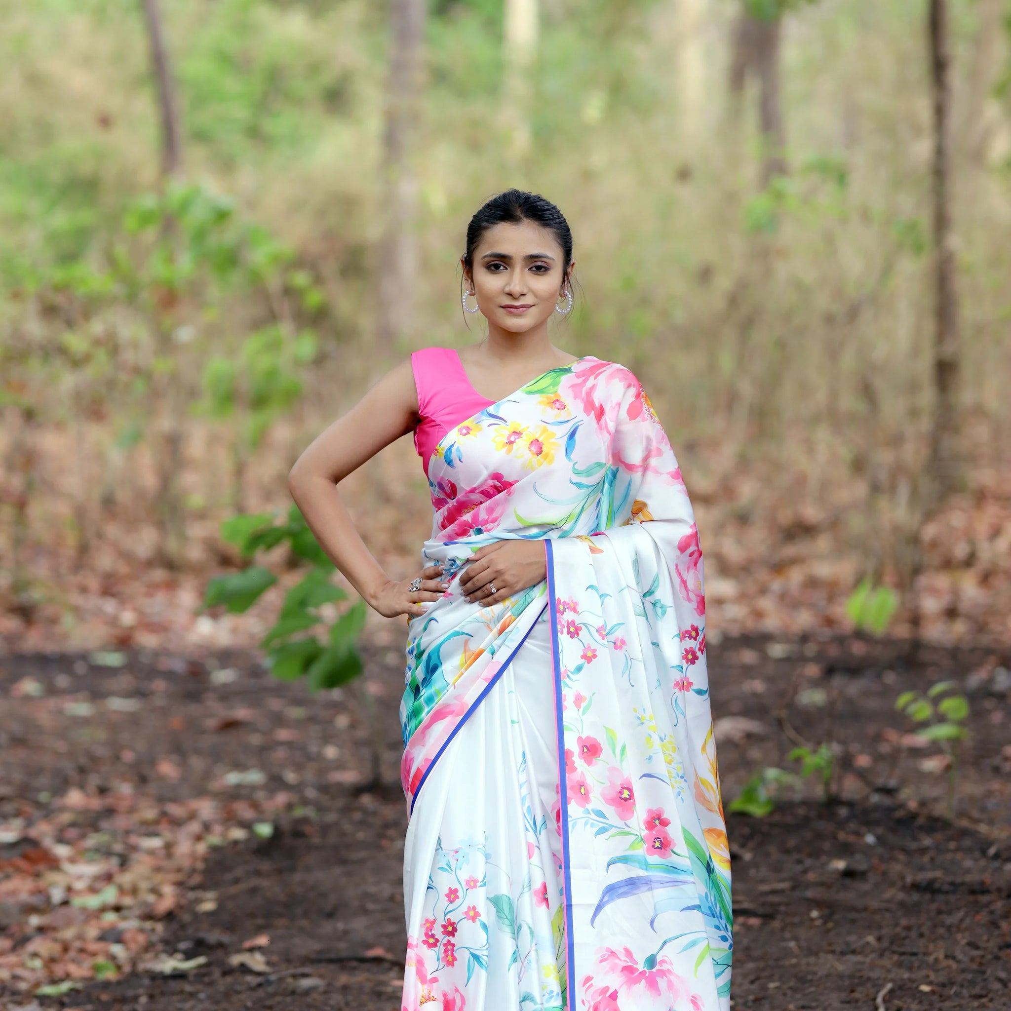 SHYAMIKA Japan Satin Multicolor Floral Print Saree with Blouse