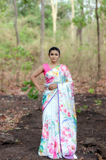SHYAMIKA Japan Satin Multicolor Floral Print Saree with Blouse